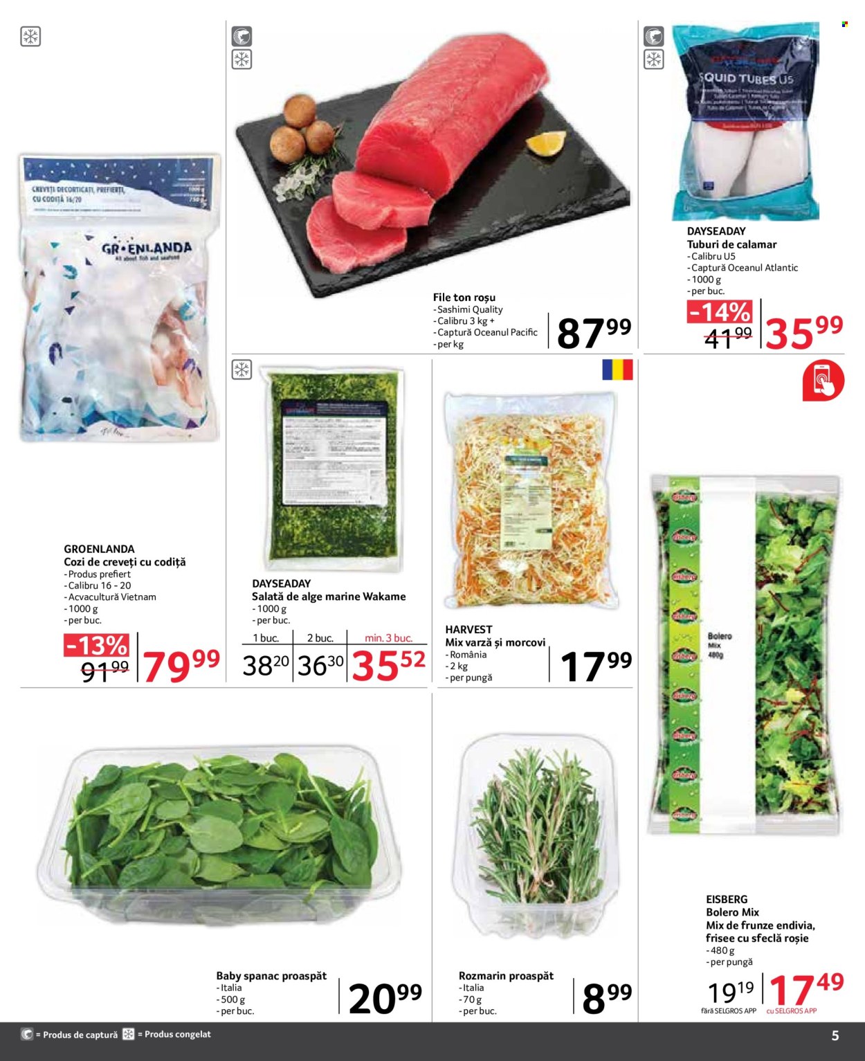 thumbnail - Cataloage Selgros - 01.04.2024 - 30.04.2024 - Produse în vânzare - morcovi, salată, sfeclă, spanac, varză, creveți, fructe de mare, calamar, ton. Pagina 5.