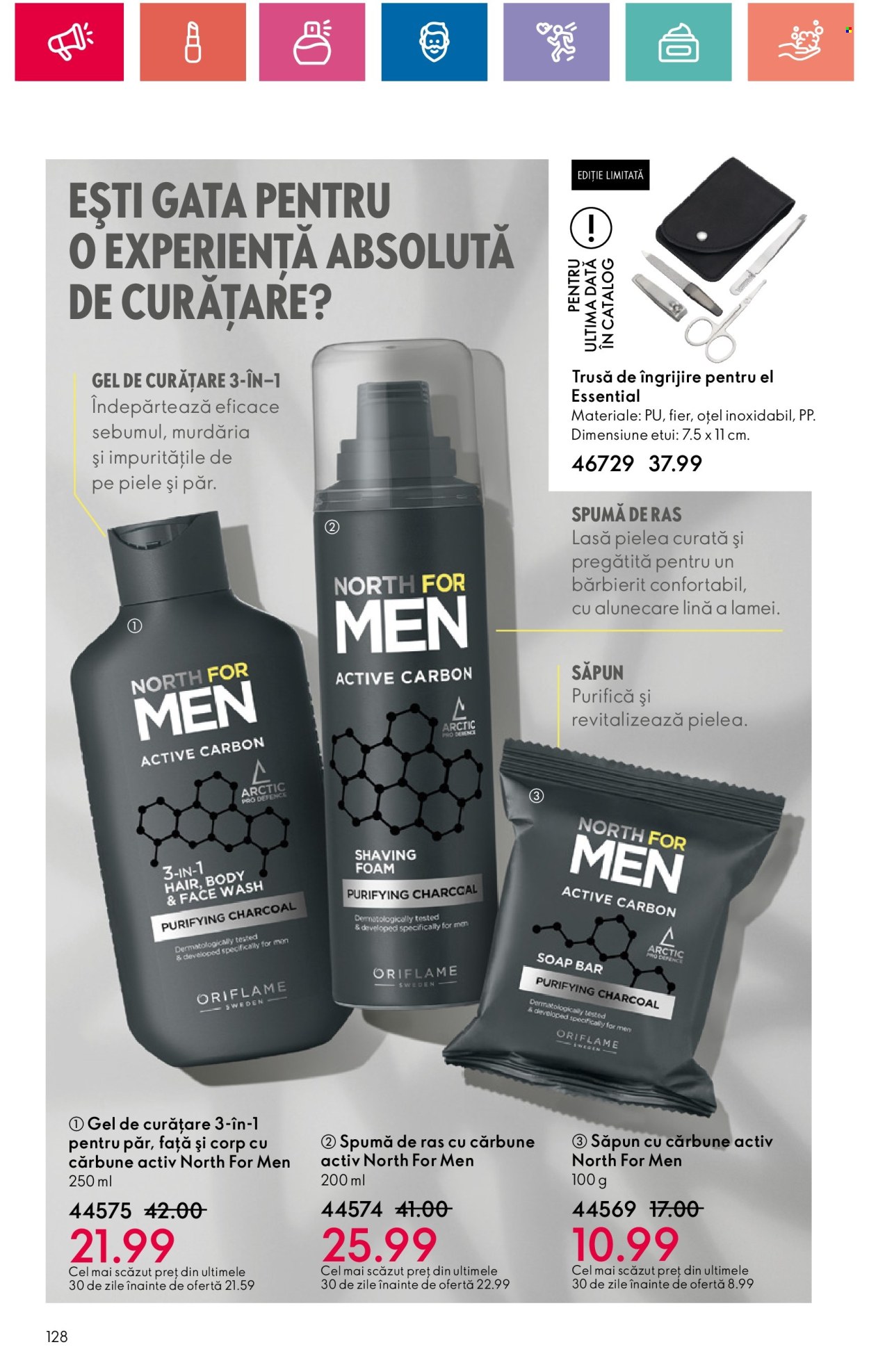 thumbnail - Cataloage Oriflame - 16.04.2024 - 06.05.2024 - Produse în vânzare - săpun, gel de curăţare, North for Men, spumă de ras. Pagina 128.