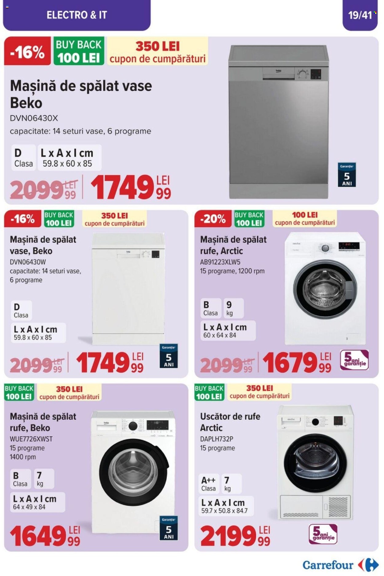 thumbnail - Cataloage Carrefour - 17.04.2024 - 07.05.2024 - Produse în vânzare - Beko, spălat de vase, uscător, uscător de rufe. Pagina 19.