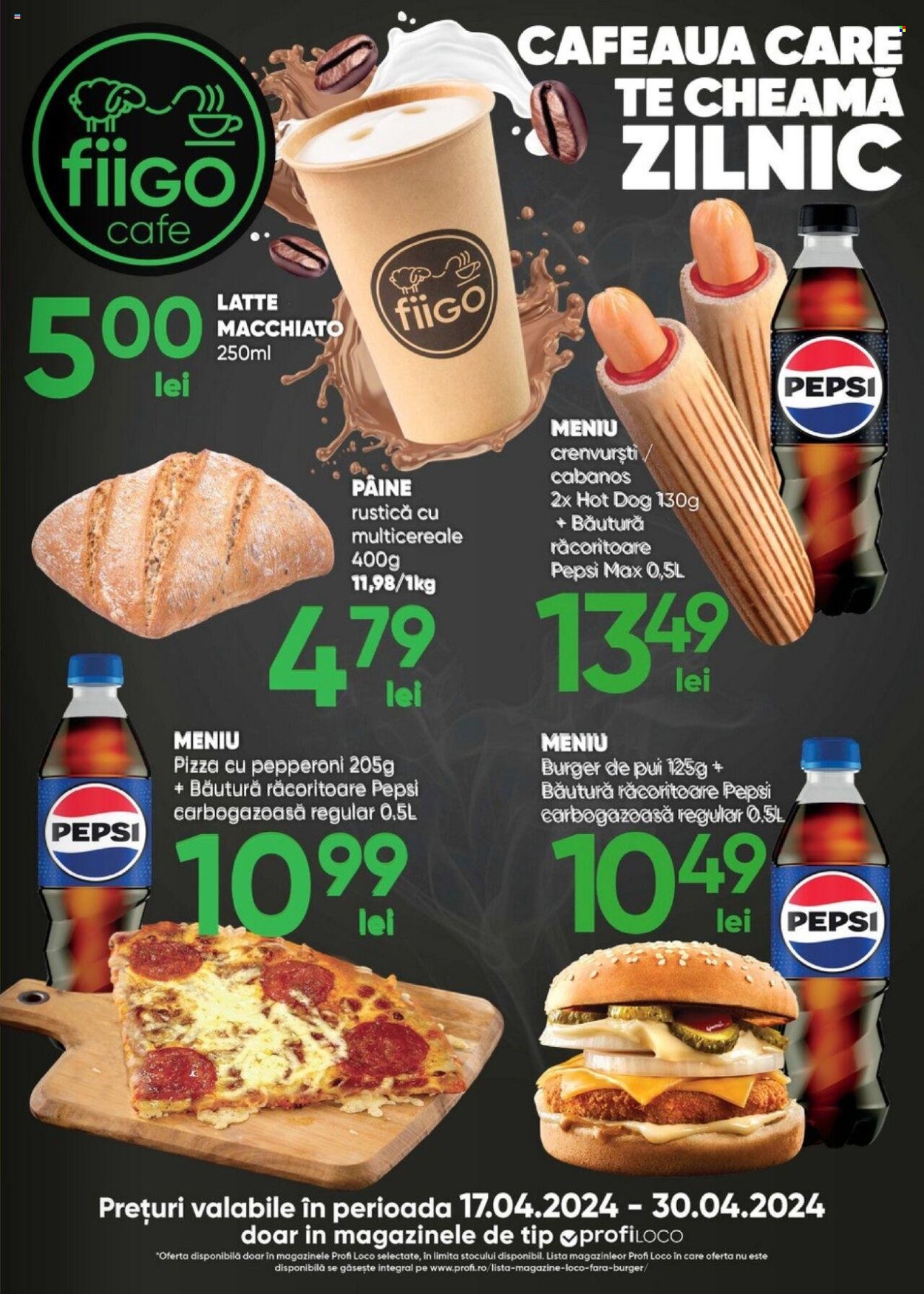 thumbnail - Cataloage Profi Loco - 17.04.2024 - 30.04.2024 - Produse în vânzare - pâine, burger de pui, pizza, crenvurști, hot dog, băutură răcoritoare, Pepsi. Pagina 13.