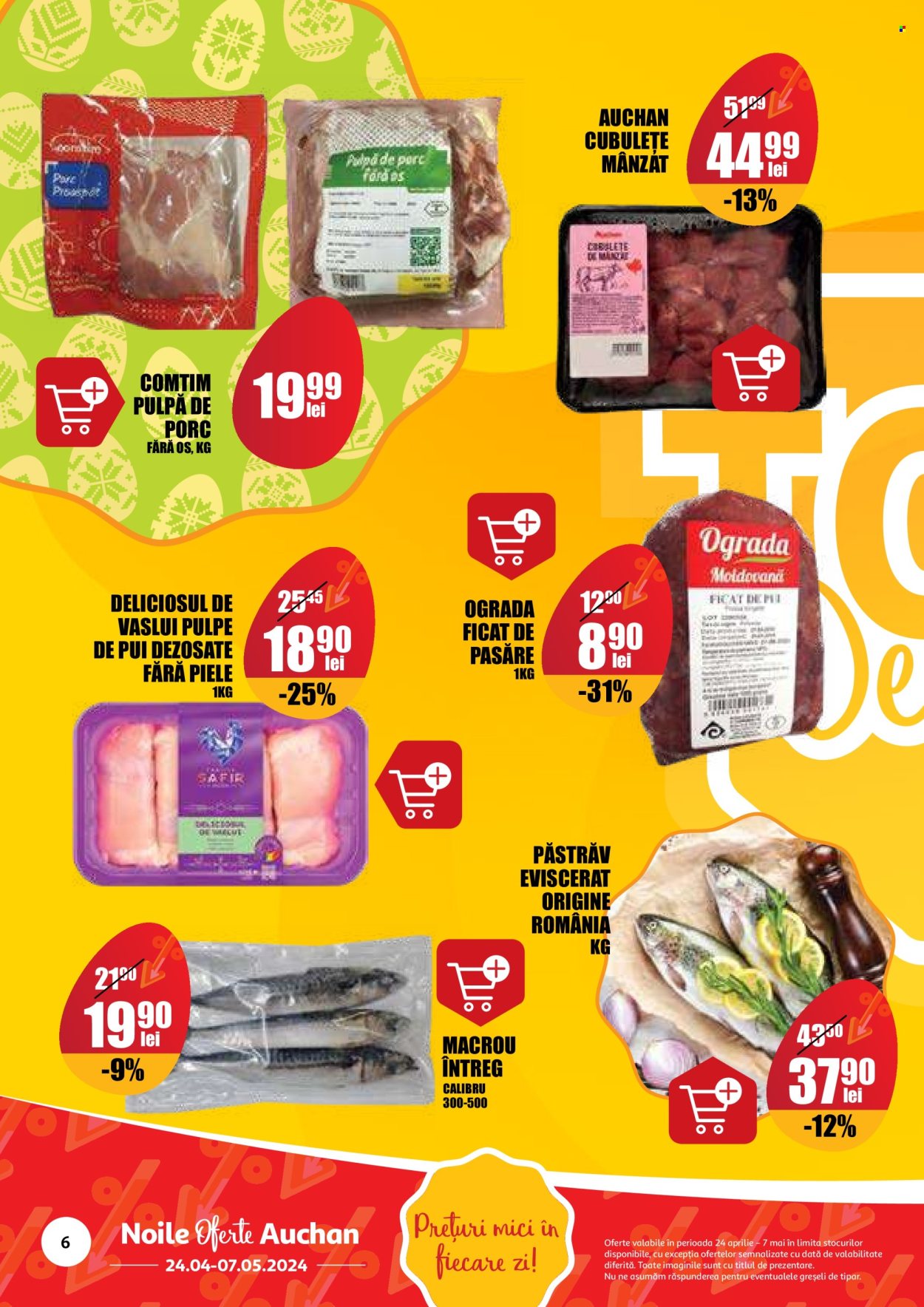 thumbnail - Cataloage Auchan - 24.04.2024 - 07.05.2024 - Produse în vânzare - pulpe de pui, carne de pui, macrou, păstrăv, peşte. Pagina 6.