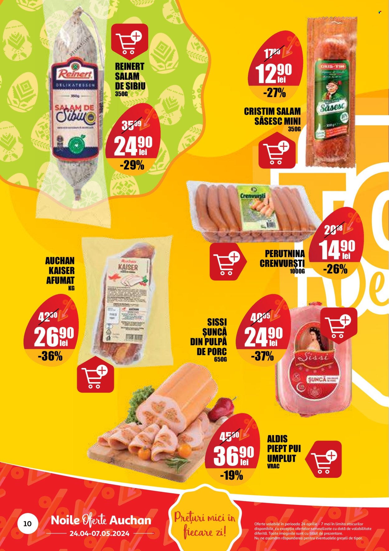 thumbnail - Cataloage Auchan - 24.04.2024 - 07.05.2024 - Produse în vânzare - piept de pui, carne de porc, pulpă de porc, salam, salam de sibiu, șuncă, crenvurști. Pagina 10.