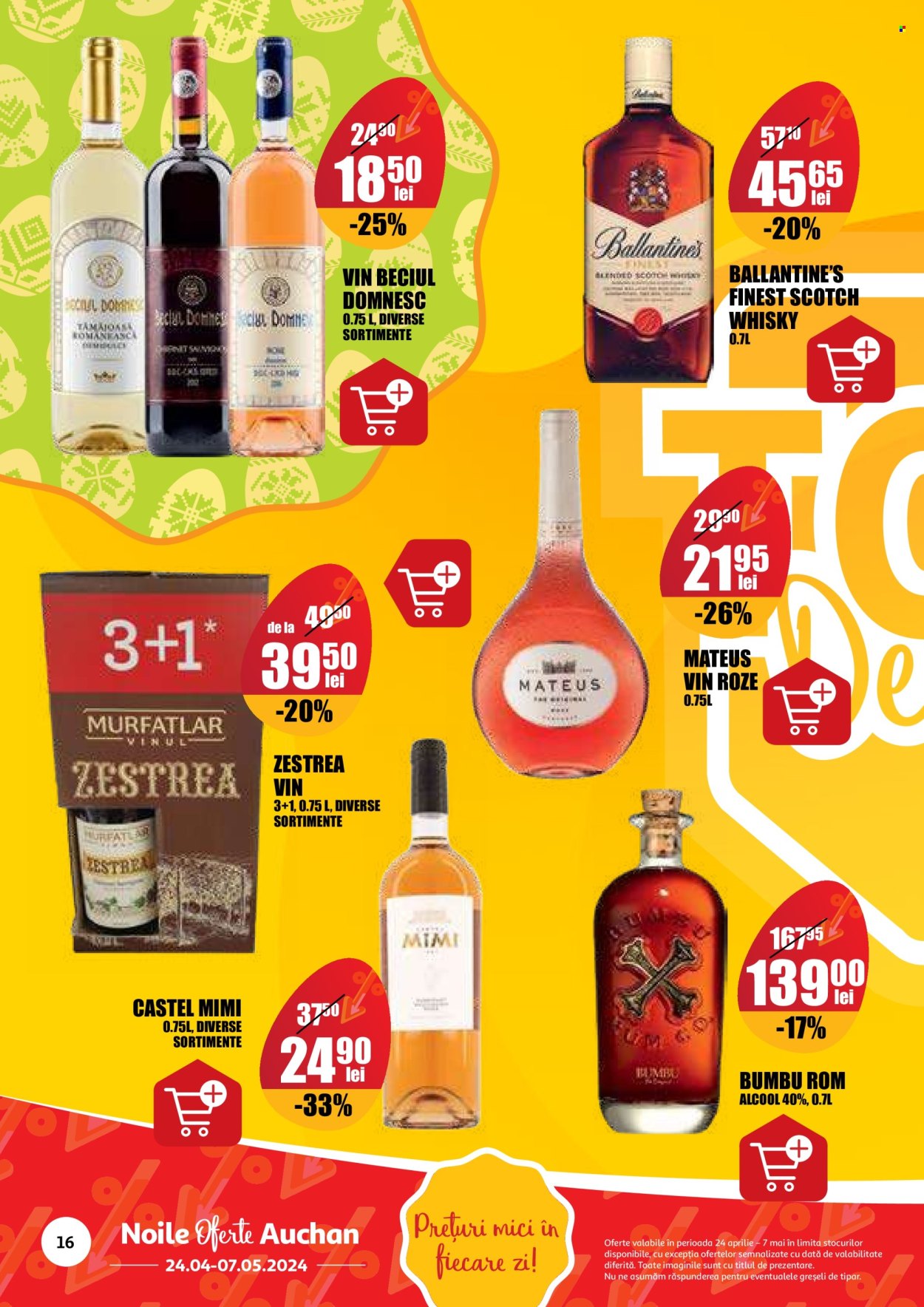 thumbnail - Cataloage Auchan - 24.04.2024 - 07.05.2024 - Produse în vânzare - alcool, Tămâioasă Românească, vin rose, vin, rom, Scotch Whisky, whisky, Ballantine's. Pagina 16.