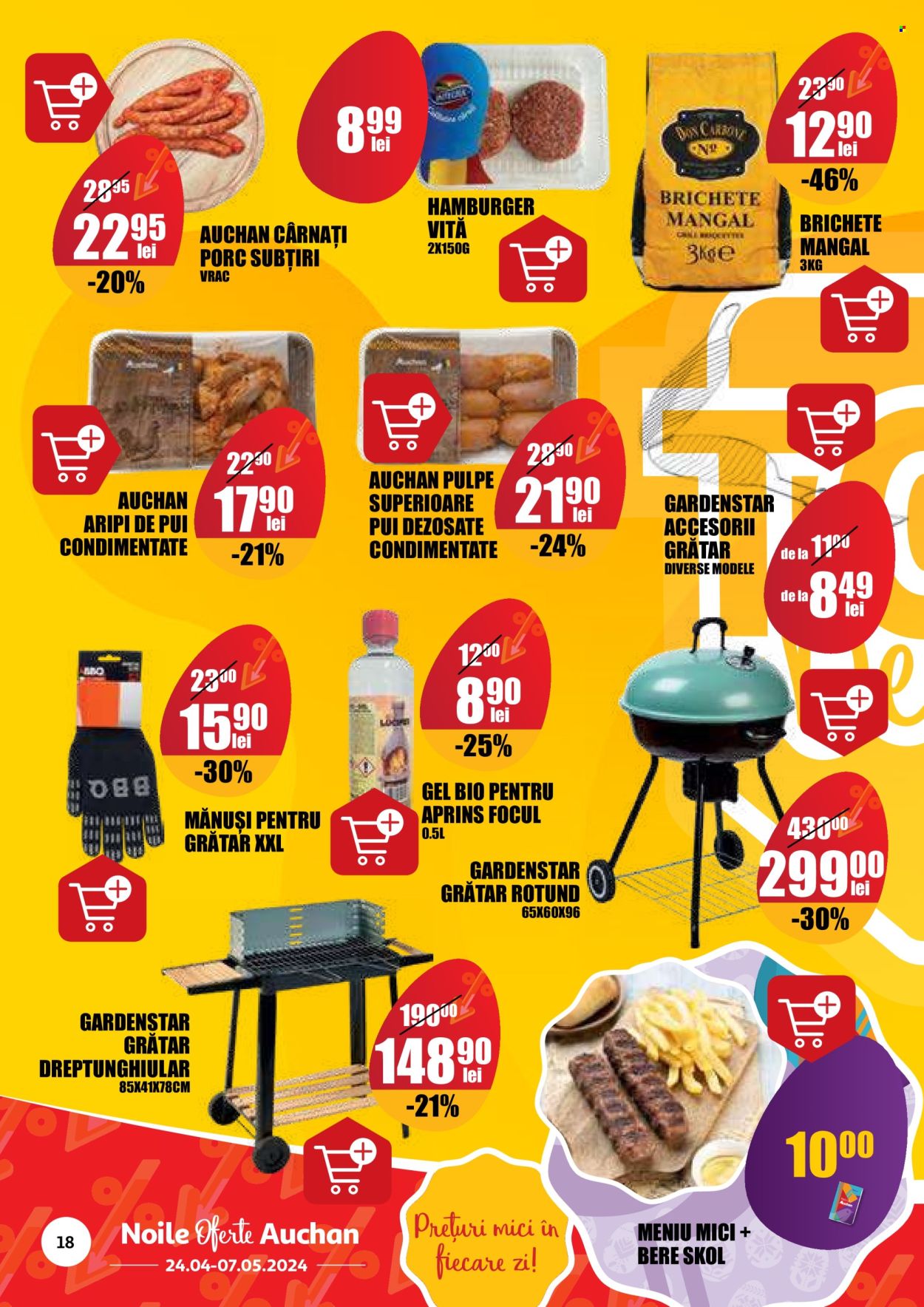thumbnail - Cataloage Auchan - 24.04.2024 - 07.05.2024 - Produse în vânzare - alcool, bere, Skol, aripi de pui, carne de pui, cârnaţi, mănuși, cărbune. Pagina 18.