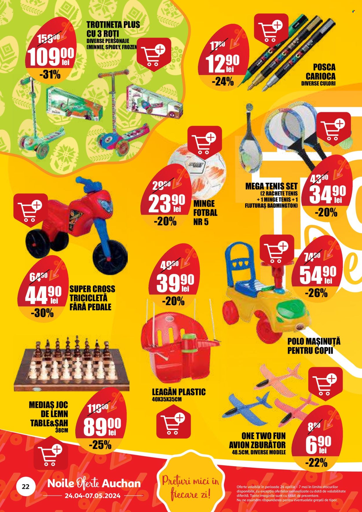 thumbnail - Cataloage Auchan - 24.04.2024 - 07.05.2024 - Produse în vânzare - minge, Frozen, Mickey & Minnie, Minnie, trotineta, tenis, scaun pliant, masinuta, jucării, jucărie din lemn. Pagina 22.
