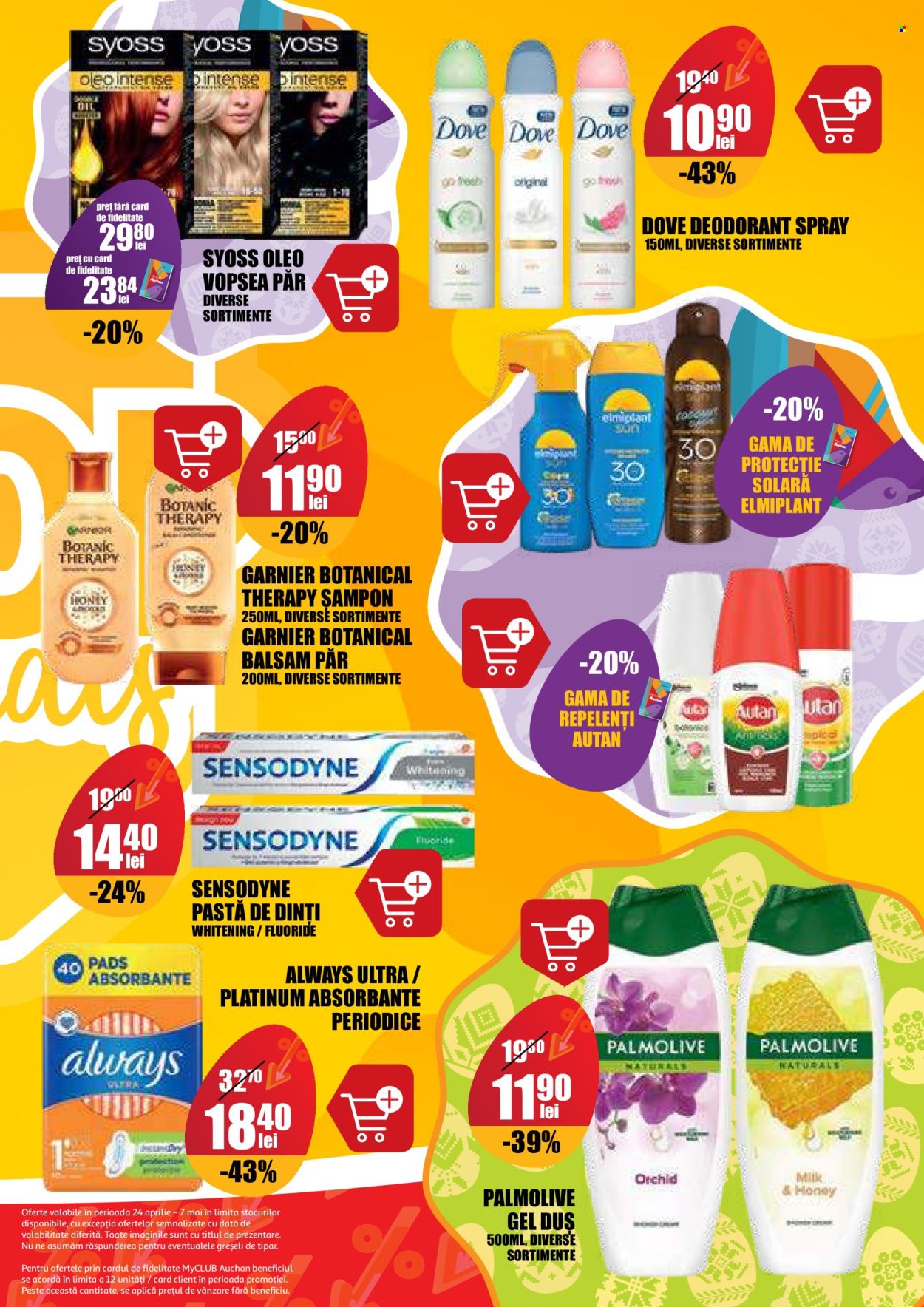 thumbnail - Cataloage Auchan - 24.04.2024 - 07.05.2024 - Produse în vânzare - peşte, Dove, șampon, Palmolive, Sensodyne, pastă de dinți, absorbante igienice, Always, Garnier, Syoss, protecție solară, deodorant. Pagina 23.