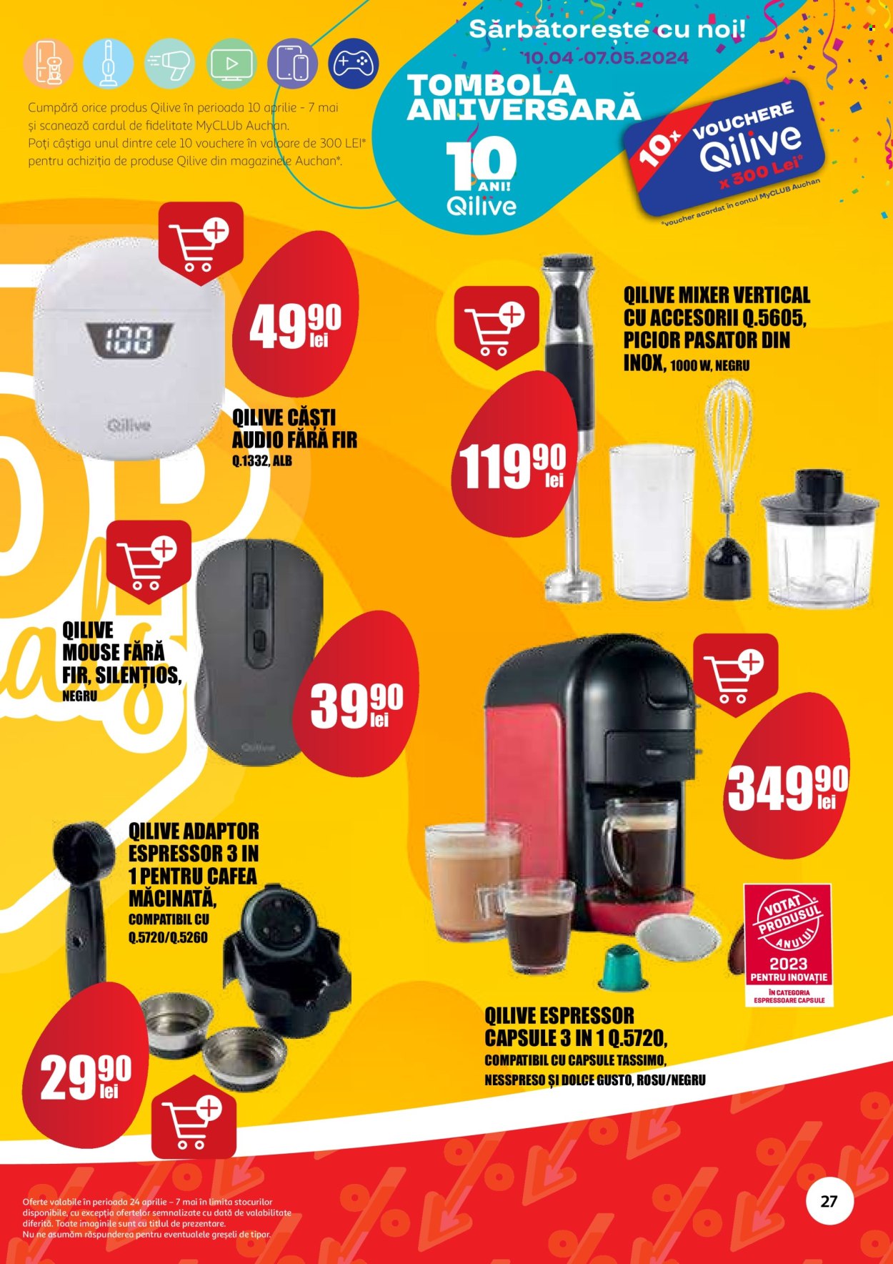 thumbnail - Cataloage Auchan - 24.04.2024 - 07.05.2024 - Produse în vânzare - cafea măcinată, Tassimo, ustensile bucătărie, mouse, căşti, espressor, mixer de mana, mixer vertical. Pagina 27.