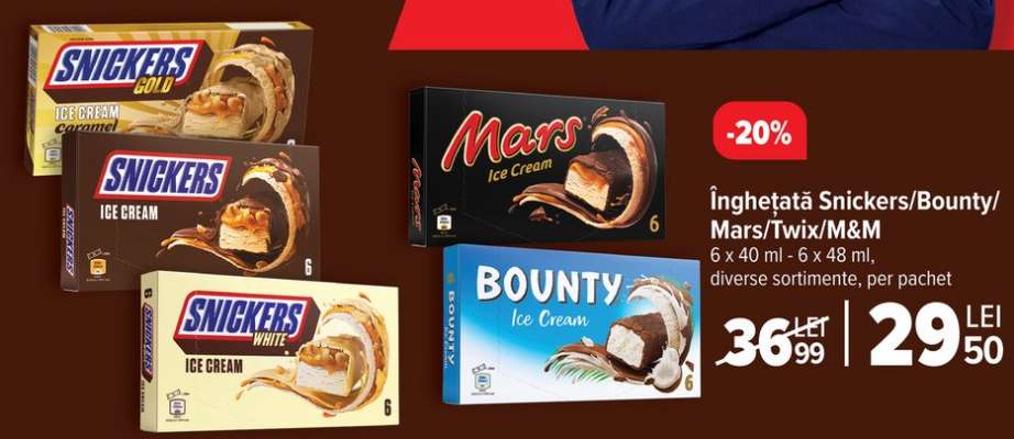 Înghețată Snickers/Bounty/Mars/Twix/M&M