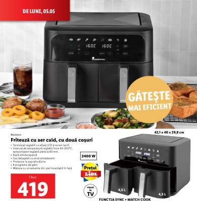 Friteuză cu aer cald, cu două coșuri