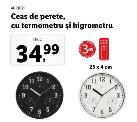 Ceas de perete cu termometru și higrometru