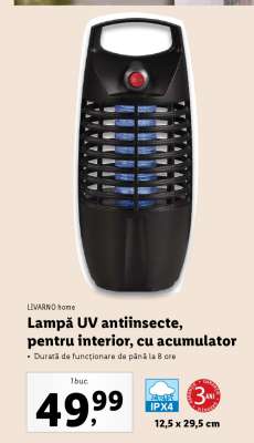 Lampă UV antiinsecte, pentru interior, cu acumulator