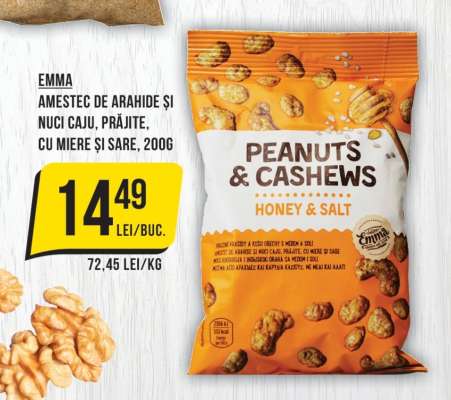 EMMA Amestec de arahide și nuci caju, prăjite, cu miere și sare, 200g