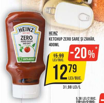 Heinz Ketchup Zero Sare și Zahăr, 400ml