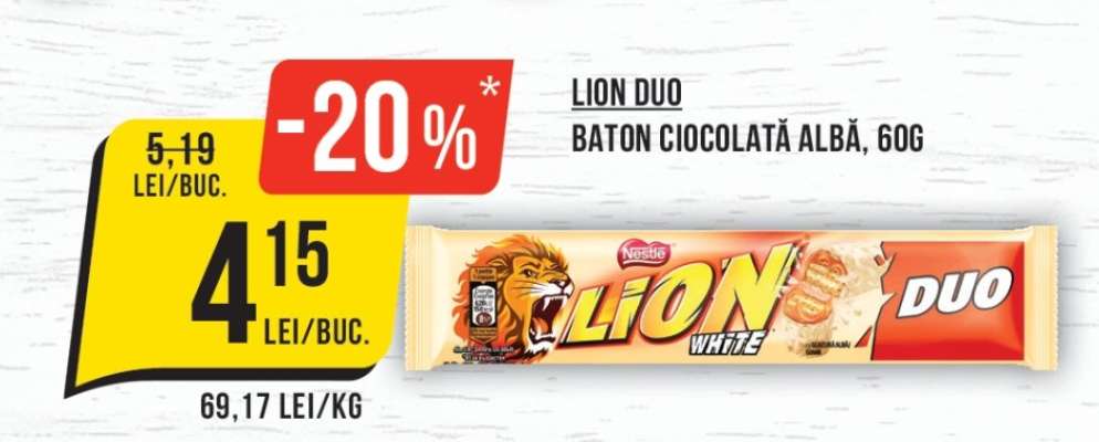 Lion Duo Baton Ciocolată Albă, 60g