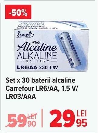 Set x 30 baterii alcaline Carrefour LR6/AA