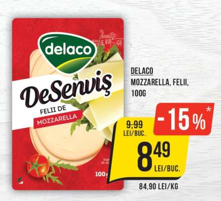 Delaco Mozzarella, Felii, 100g