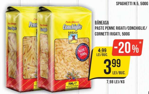 Băneasa Paste Penne Rigati/Conchiglie/Cornetti Rigati, 500g