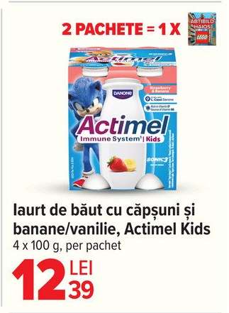 Iaurt de băut cu căpșuni și banane/vanilie, Actimel Kids