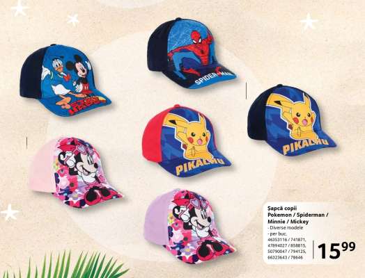 Șapcă copii Pokemon / Spiderman / Minnie / Mickey