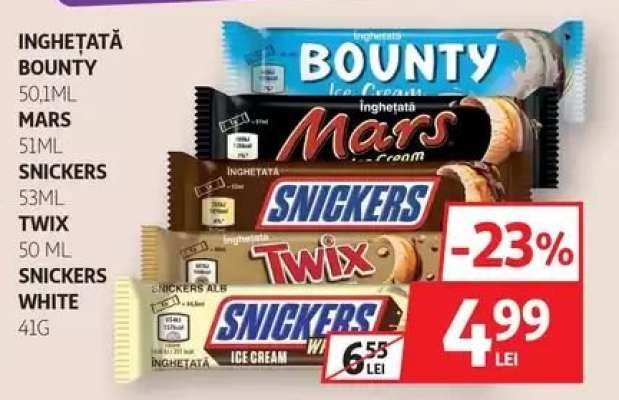 Înghețată Bounty, Mars, Snickers, Twix, Snickers White