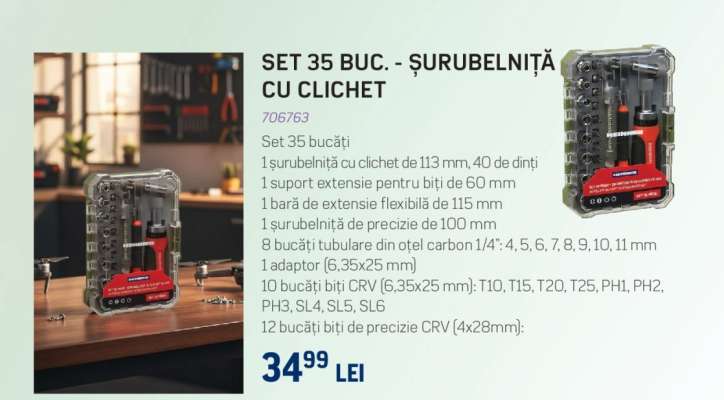 SET 35 BUC. - ȘURUBELNIȚĂ CU CLICHET