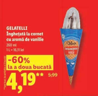 GELATELLI Înghețată la cornet cu aromă de vanilie