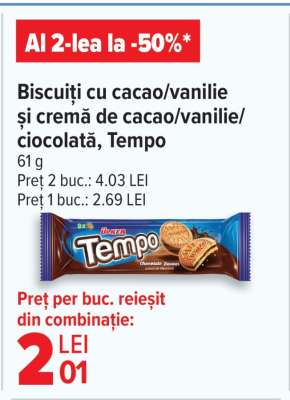 Biscuiți cu cacao/vanilie și cremă de cacao/vanilie/ciocolată, Tempo