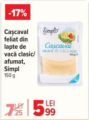 Cașcaval feliat din lapte de vacă, clasic/afumat, Simpl