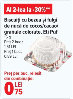 Biscuiți cu bezea și fulgi de nucă de cocos/cacao/granule colorate, Eti Puf