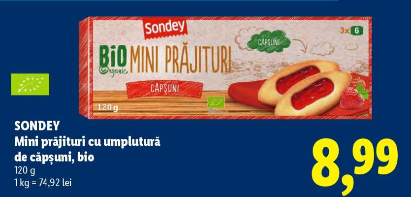 Sondey Mini prăjituri cu umplutură de căpșuni, bio