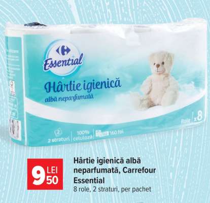 Hârtie igienică albă neparfumată, Carrefour Essential