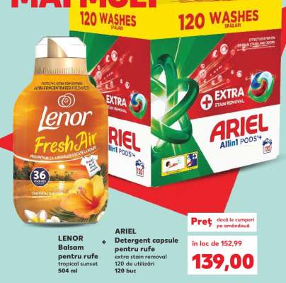 LENOR Balsam pentru rufe + ARIEL Detergent capsule pentru rufe