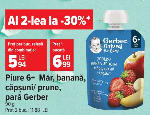 Piure 6+ Măr, banană, căpșuni/prune, pară Gerber
