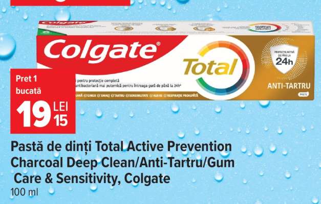 Pastă de dinți Total Active Prevention Charcoal Deep Clean/Anti-Tartru/Gum Care & Sensitivity, Colgate