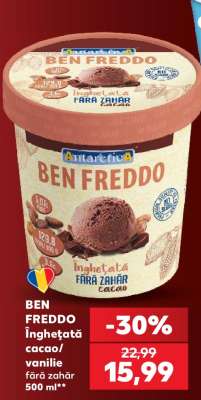BEN FREDDO Înghețată cacao/vanilie fără zahăr 500 ml
