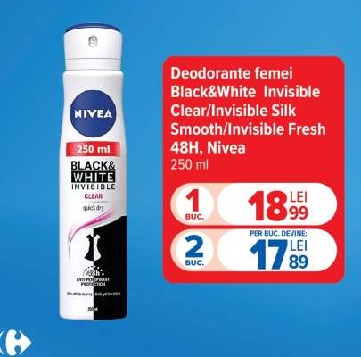 Deodorante femei Black&White Invisible Clear/Invisible Silk Smooth/Invisible Fresh 48H, Nivea