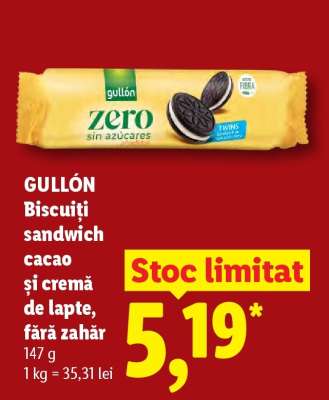 GULLÓN Biscuiți sandwich cacao și cremă de lapte, fără zahăr