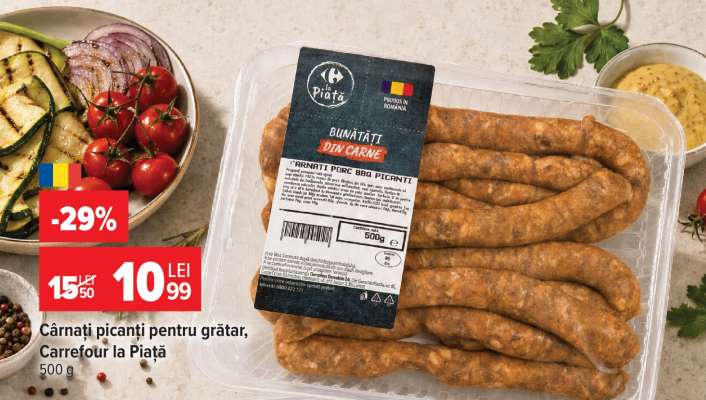 Cârnați picanți pentru grătar, Carrefour la Piață