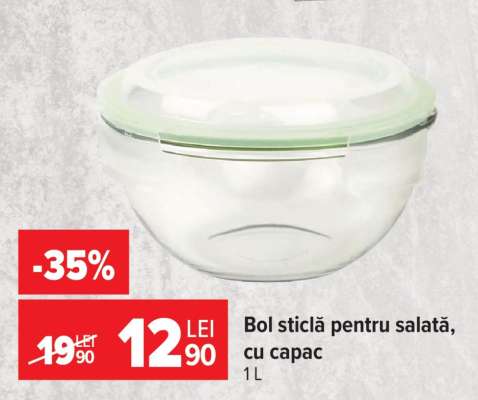 Bol sticlă pentru salată, cu capac