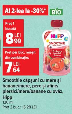 Smoothie căpșuni cu mere și banane/mere, pere și afine/piersici/mere/banane cu ovăz, Hipp