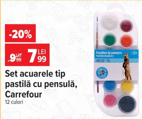 Set acuarele tip pastilă cu pensulă, Carrefour