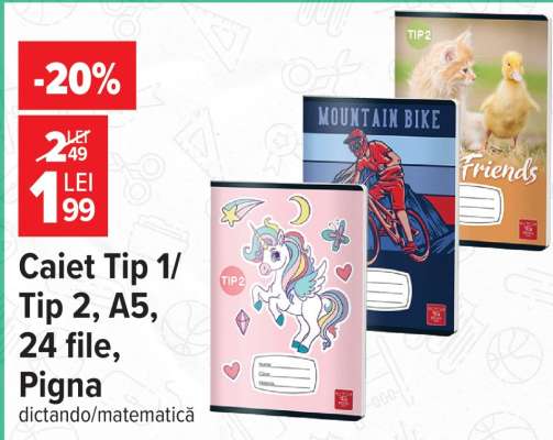 Caiet Tip 1/Tip 2, A5, 24 file, Pigna