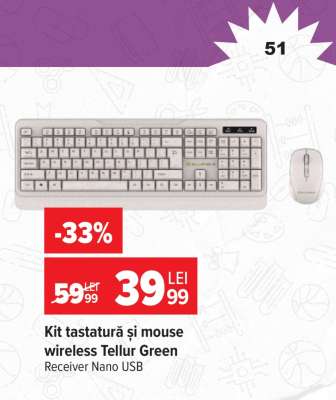 Kit tastatură și mouse wireless Tellur Green