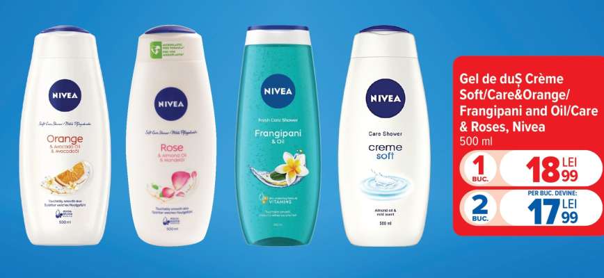 Gel de duș Crème Soft/Care&Orange/Frangipani and Oil/Care & Roses, Nivea