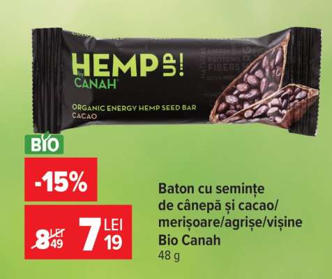 Baton cu semințe de cânepă și cacao/merișoare/agrișe/vișine Bio Canah