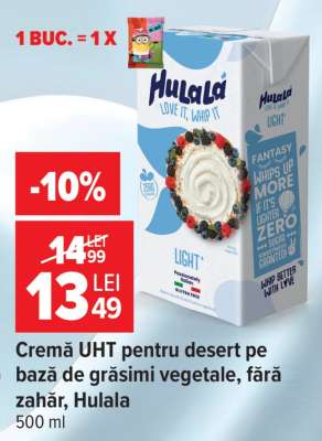 Cremă UHT pentru desert pe bază de grăsimi vegetale, fără zahăr, Hulala