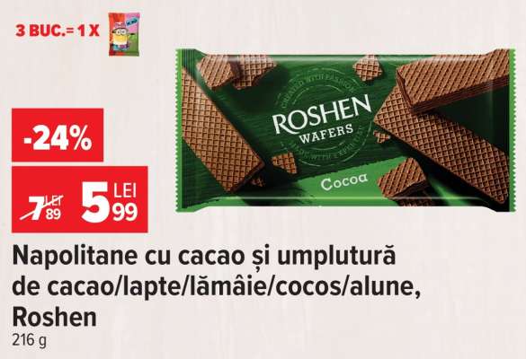 Napolitane cu cacao și umplutură de cacao/lapte/lămâie/cocos/alune, Roshen