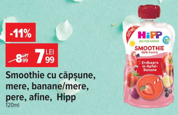 Smoothie cu căpșune, mere, banane/mere, pere, afine, Hipp