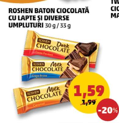 ROSHEN BATON CIOCOLATĂ CU LAPTE ȘI DIVERSE UMPLUTURI