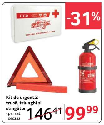 Kit de urgență: trusă, triunghi și stingător